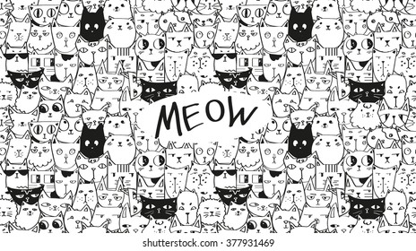 Doodle hand drawn cats seamless vector pattern.