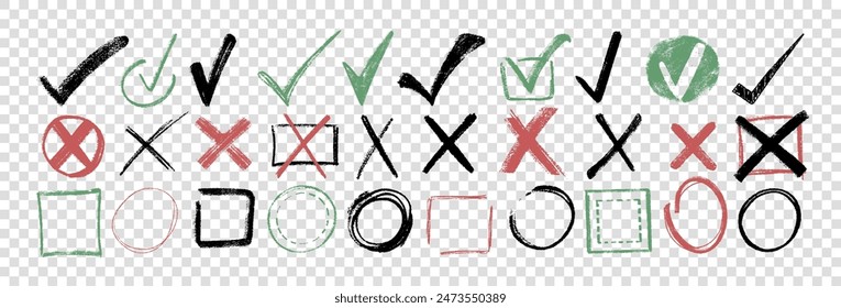 Doodle hand drawn chalk check mark set. Charcoal pencil checklist icons, sketch checkboxes, tick and cross symbols. Crayon checkmark element. Color correct or incorrect marks on transparent background