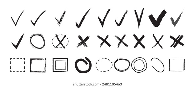 Doodle hand drawn chalk check mark set. sketch checkboxes, tick and cross symbols. tick cross signs. Crayon grunge checkmark elements. vector illustration isolated on white background