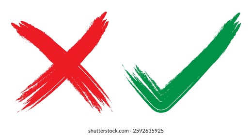 Doodle hand drawn chalk check mark set. Crayon checkmark element. Color correct or incorrect marks on transparent background.  Symbols YES and NO button for vote, decision, web. Vector illustration