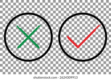 Doodle hand drawn chalk check mark set. Charcoal pencil checklist icons, sketch checkboxes, tick and cross symbols brush eps 10