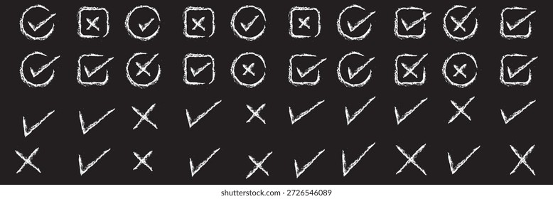 Doodle dibujado a mano marca de verificación de tiza conjunto. bosquejar casillas de verificación, marcar y símbolos cruzados. marcar signos cruzados. Crayón grunge marca de verificación Elementos. aislado sobre fondo blanco, Ilustración vectorial.