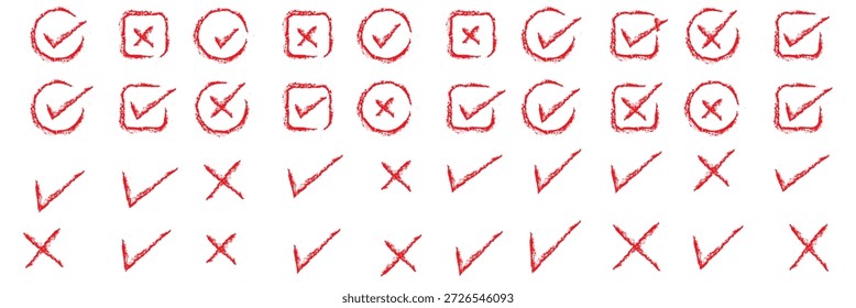 Doodle hand drawn chalk check mark set. sketch check boxes, tick and cross symbols. tick cross signs. Crayon grunge check mark elements. isolated on white background, vector illustration.