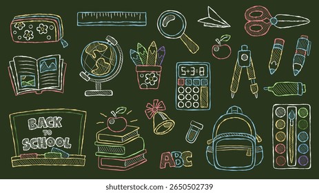 Doodle hand drawn chalkboard back to school set with colorful stationery and school supplies: books, globe, backpack, scissors, pens, calculator, paints, bell, board, apple and teaching tools. 
