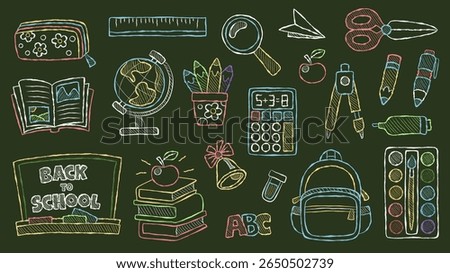 Doodle hand drawn chalkboard back to school set with colorful stationery and school supplies: books, globe, backpack, scissors, pens, calculator, paints, bell, board, apple and teaching tools. 