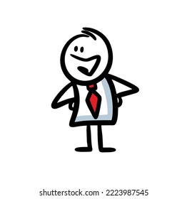 Doodle hand drawn character in office cosume and tie looking in wonder on something. Vector illustration of childish style man.