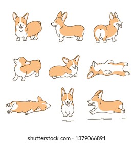 Doodle Hand Drawn Characters Welsh Corgi Dog Set. Cartoon Domestic Pet Concept Collection. Vector illustration
