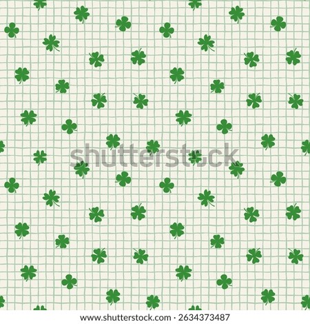 Doodle hand drawn check, plaid with green four leaf clovers seamless vector pattern, Saint Patrick's Day background