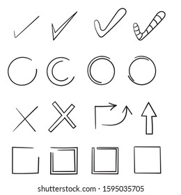 doodle Hand drawn check signs. Doodle v mark for list items, checkbox chalk icons and sketch checkmarks. Vector checklist marks icon set