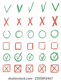 Doodle hand drawn checkbox with right green v and wrong red x sign. Vector illustration