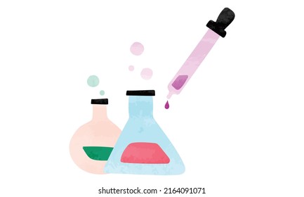 Doodle Hand Drawn Chemistry Lab Kit With Erlenmeyer Flask, Round Bottom Flask And Dropper Watercolor Style Vector Isolated On White Background. Minimalist Chemistry Flask Clipart