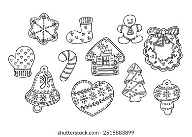 Doodle hand drawn Christmas gingerbreads set. Different kind of holiday cookies isolated on white background. Holiday hand drawn design for Christmas for coloring pages, stickers