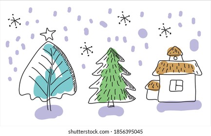 Doodle, hand drawn Christmas and New year with a Christmas tree, Christmas Eve, house, snowflake. Modern Christmas design.Vector illustration.
