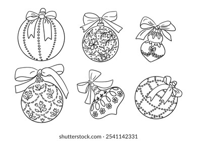 Doodle hand drawn Christmas ornaments set. Different kind of holiday decorated balls with bows isolated on white background. Holiday hand drawn design for Christmas for coloring pages, stickers