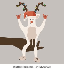 Doodle Hand Drawn Christmas Reindeer in trendy flat style isolated light background. XMAS Groovy Reindeer in the hand. Artistic Flat vector can used t-shirt print, postcard design template.