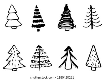 Doodle hand drawn Christmas trees set, vector, isolated on white background