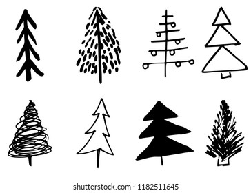 Doodle hand drawn Christmas trees set, vector, isolated on white background