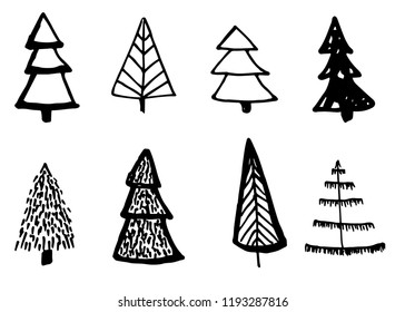 Doodle hand drawn Christmas trees set, vector, isolated on white background