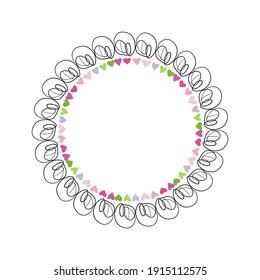 Doodle hand drawn circle frame isolated on white background. Vector illustration. Curly ornate swoosh border. Cute romantic curlicue scrawl style.