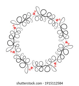 Doodle hand drawn circle frame isolated on white background. Vector illustration. Curly ornate swoosh border. Cute romantic curlicue scrawl style.