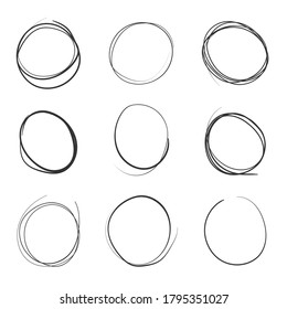 Doodle hand drawn circle line sketch set. Pencil or pen round circular elements for message note mark design.