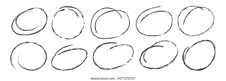 Doodle hand drawn circles isolated on white. Brush texture ellipse for highlight text. Black outline frame collection. Sketch oval to emphasis important note