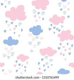Doodle hand drawn clouds and hearts seamless pattern, background, texture. Children's drawing cartoon style. Cute vector design for baby kids textile print, Valentine's day, Mother's day, gift wrap, 