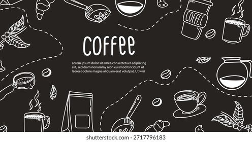 Doodle hand drawn coffee composition, coffee black background