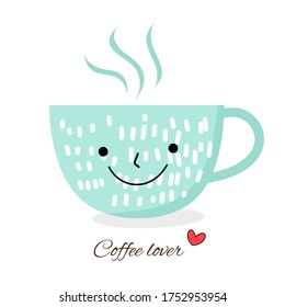 Doodle hand drawn coffee cup with happy face isolated on white background vector illustration. Funny cartoon character.