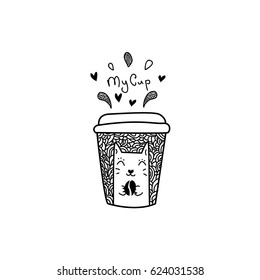 Doodle hand drawn coffee cup with cute cat and handwritten lettering. Black and white style. T-shirt, poster, banner, badge, emblem, sticker, placard.