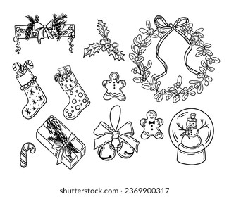 Doodle hand drawn collection of Christmas decoration. Sketch outline design for Christmas for coloring pages, stickers, pattern. Black socks, wreath, jingle bell, mistletoe on white background