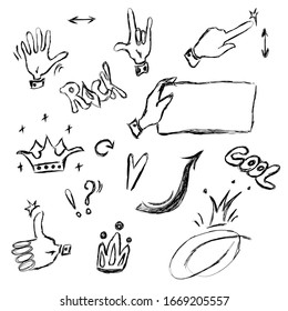 Doodle hand drawn collection of . Colorful  hand motions icons set. such as sign hi, cool and rock, choice, holds a tablet, super sign and a set of crowns and arrows. Black outline vector .