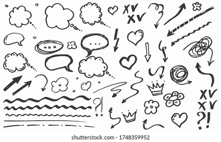 Doodle hand drawn collection of elements for design, isolated, vector