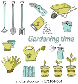 Doodle hand drawn collection of gardening tools in color, gloves, watering can, fence, flower pot, seeds pack, cleaning spray, bucket, wheelbarrow, pruners. Gardening time. Vector illustration.