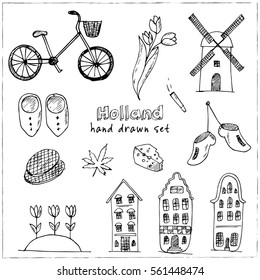 Doodle hand drawn collection of Holland icons. Netherlands culture elements for design. Vector illustration with travel objects