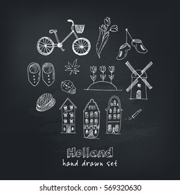 Doodle hand drawn collection of Holland icons. Netherlands culture elements for design. Vector illustration with travel objects