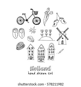 Doodle hand drawn collection of Holland icons. Netherlands culture elements for design. Vector illustration with travel objects