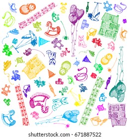 Doodle hand drawn colored toys white background. Vector illustration.