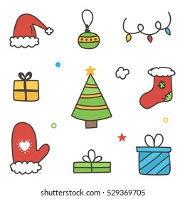 Doodle, hand drawn colorful winter christmas set, collection isolated on white background.
