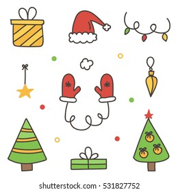 Doodle, hand drawn colorful winter christmas set, collection isolated on white background.
