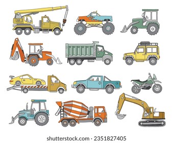 doodle hand drawn construction trucks icon set