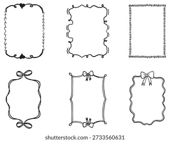 Doodle hand drawn coquette frames wavy lines, bows and ribbons. Trendy vintage whimsical borders for wedding invitations, birthday card, prints. Vector illustration