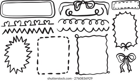 Doodle hand drawn coquette frames with wavy lines, bows and ribbons