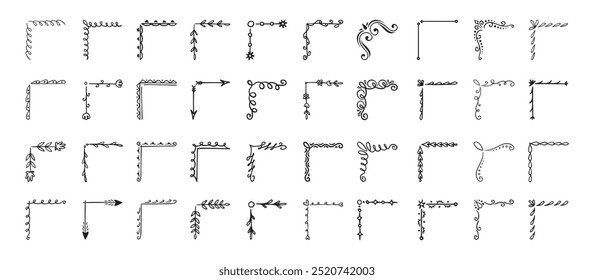 Borda de canto desenhada à mão rabiscada definida com formas diferentes. Floresça, decoração de flores. Ilustração vetorial isolada para casamento, design de banner de saudação. estilo de esboço Cantos desenhados por pincel, caneta