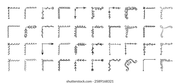 Doodle hand drawn corner border set with different shapes. Flourish, flower decoration. Isolated vector illustration for wedding, greeting banner design. sketch style Corners drawn by brush, pen