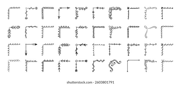 Doodle hand drawn corner border set with different shapes. Flourish, flower decoration. Isolated vector illustration for wedding, greeting banner design. sketch style Corners drawn by brush, pen
