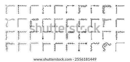 Doodle hand drawn corner border set with different shapes. Flourish, flower decoration. Isolated vector illustration for wedding, greeting banner design. sketch style Corners drawn by brush, pen