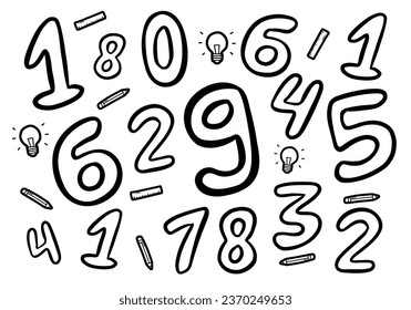Chiffre dessiné à la main du nombre 0 à 9. Images de création vectorielle création de numéros pour le projet de conception d'un public d'éducation pour les enfants ou les enfants