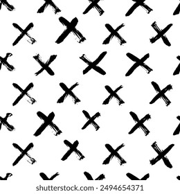 Doodle Hand drawn cross and plus sign. Vector seamless pattern with black crosses.  Black paint brush strokes geometrical pattern. Good for wallpaper, textile design, graphic design.