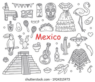 Doodle Hand Drawn Culture Symbols of Mexico in Sketch style. Set of Line  Mexican Traditional Elements, Food, Landmark, Attraction.Vector illustration.
